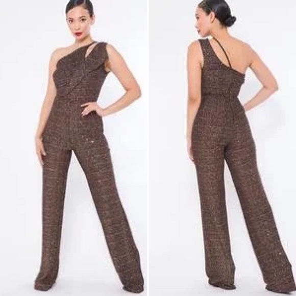Valentine Pants - One-Shoulder Brown Sparkle Jumpsuit